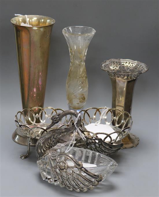 A Continental silver-mounted (925) cut glass swan dish, a pair of pierced silver bon bon dishes and three specimen vases,